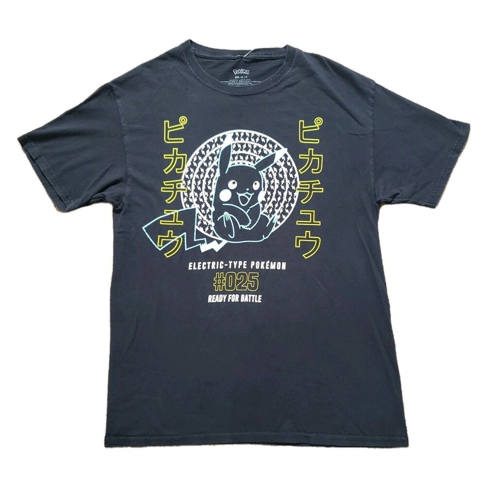 Pokémon Japanese Pikachu Sz Small Mens Faded Black T-Shirt Ready For Battle #025